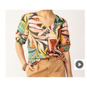Sonoma Womens XL V-Neck Elbow Pleated Sleeve Blouse Tropical Beach Summer Resort